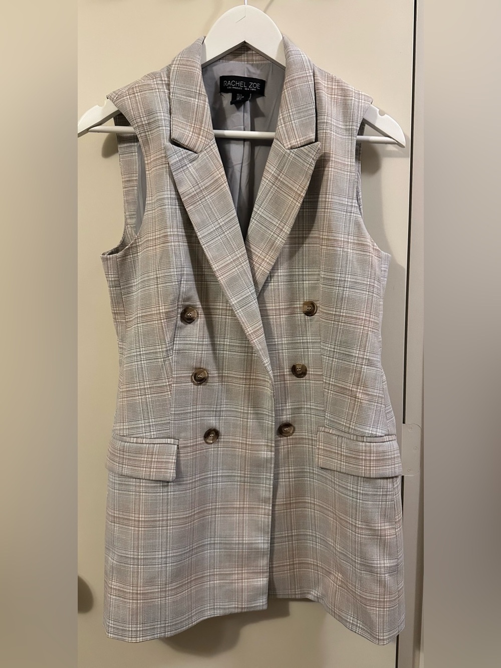 Rachel Zoe Plaid Sleeveless Double-Breasted Blazer Vest in Tan and Cream